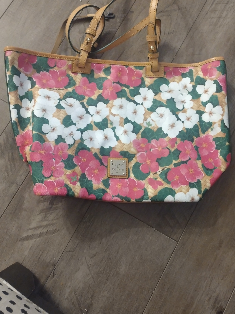 Dooney & Bourke Pink & White Floral Tote with Tan Trim